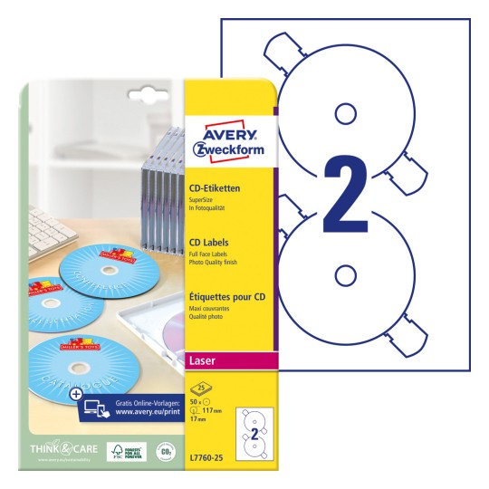 Csomagolás képe címkelappal: Avery Zweckform CD-címkék SuperSize, Cikk: L7760-25, Formátum: ⌀ 117 mm, Nyomtatási alkalmasság: Lézer b/sz, Színes lézer, Tartalom: 50 címke / 25 lap, 2 címke/lap